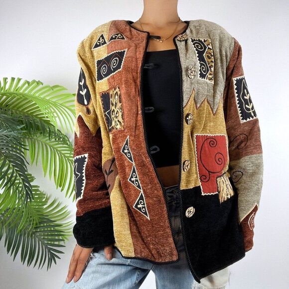 Vintage 90s Indigo Moon Fairy Grunge Patchwork Bohemian Oversized Jacket / M - Picture 1 of 7